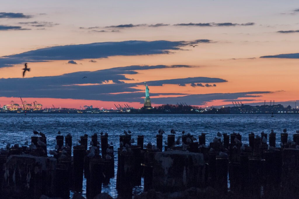 Statue of Liberty at sunset with birds on pier posts in water.